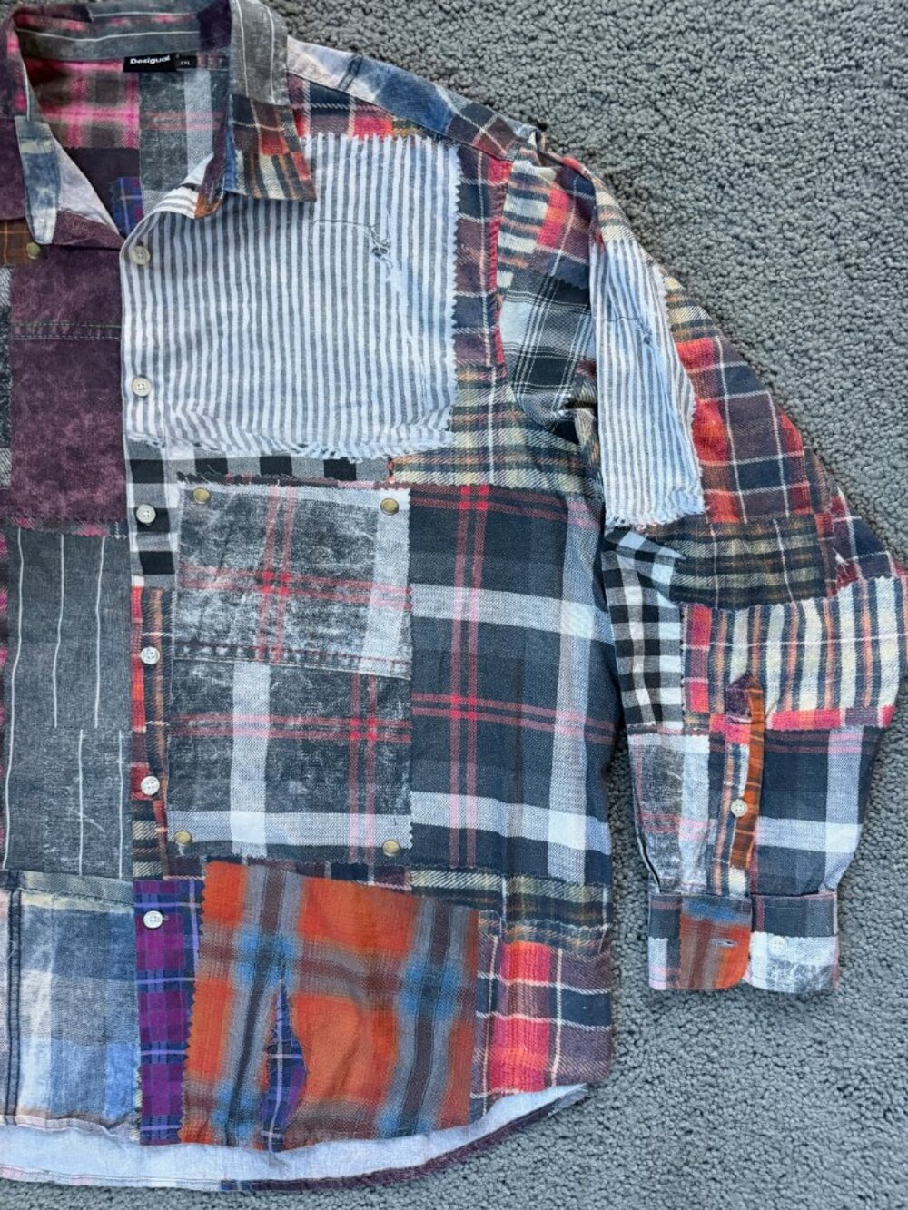 Desigual Men’s Patchwork Plaid Distressed Shirt XXL - 3D Illusion Design - VGUC - Picture 5 of 16